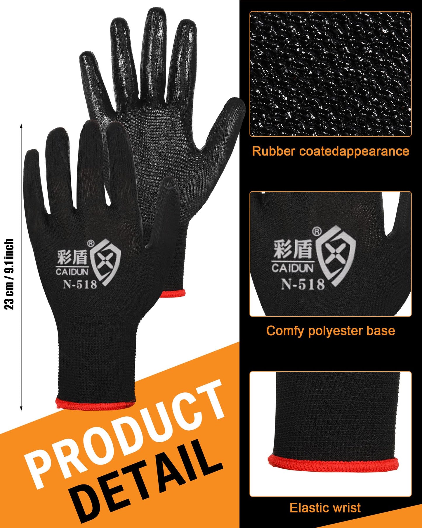 Potchen 72 Pairs Gardening Work Gloves Bulk for Men Women, Rubber Coated Garden Multipack Safety Construction Glove (Black)