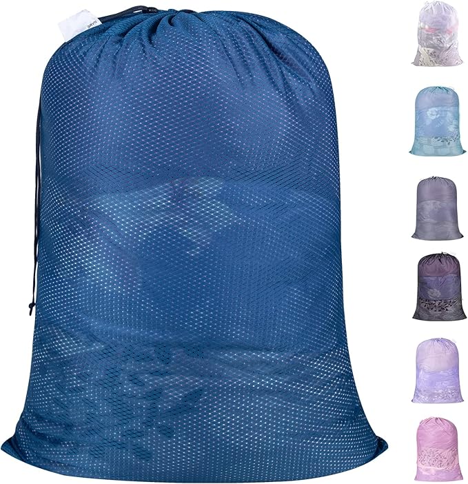 Polecasa Diamond Mesh Laundry Bags, 24 x 36 inches Heavy Duty Mesh Laundry Bag with ID Tag and Drawstring Closure, Large Laundry Hamper Liner, Washable Laundry Bag for Travel, Sports, Dorms (Blue)