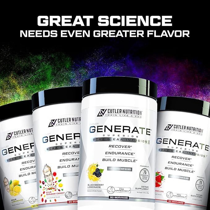Cutler Nutrition Generate EAA and BCAA Powder: Best Branched Chain Amino Acids Supplement with Essential Amino Acids, 5g BCAAs, 2g EAAs for Lean Muscle Mass | Sour Rainbow Candy, 30 Servings