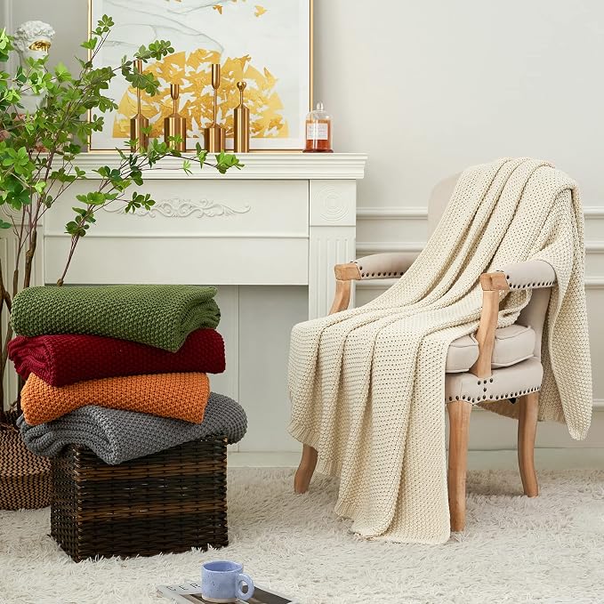Longhui bedding Chunky Cable Knit Throw Blanket Lightweight Wine red 100% Organic Cotton Blanket for Sofa Couch Bed Baby Nursery, Rustic Shabby Chic Modern Farmhouse, 60” x 80” Give Laundering Bag