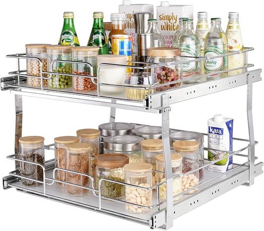 VEVOR 2 Tier 20"Wx21.2"Dx15.2"HPull Out Cabinet Organizer, Heavy Duty Slide Out Pantry Shelves, Steel Roll Out Drawers, Sliding Drawer Storage for Home, 21.5"Wx22.5"Dx19"H Install Size for Cabinet
