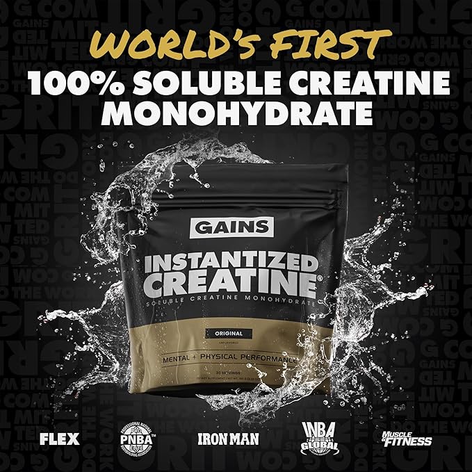 Gains in Bulk Instantized Creatine Monohydrate for Women and Men, Soluble Creatine Powder, Supports Muscle Building, Strength and Performance, Bodybuilding Supplements, Unflavored, 30 Servings