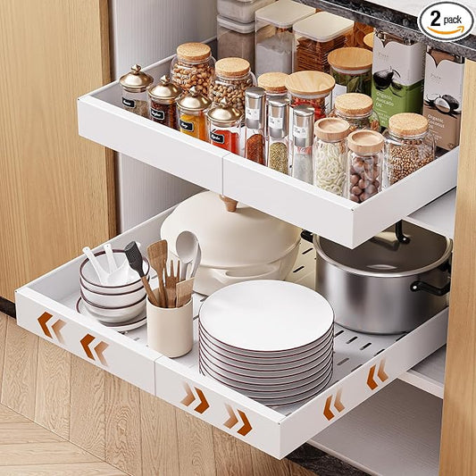 OneDream 2 Pack Pull Out Cabinet Organizer, 21" Deep Slide Out Drawers for Kitchen Cabinets, No Drill Adhesive Pull Out Drawers for Cabinets, Roll Out Shelves Adjustable Width 12.05"-20.4"