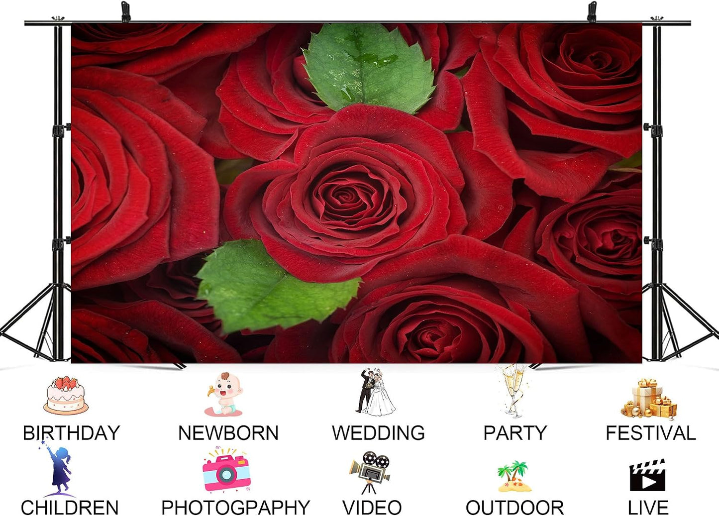 UPXIO 7x7ft Red Roses with Green Leaves Backdrop Romantic Floral Bouquet Photo Background Tapestry for Valentine's Day