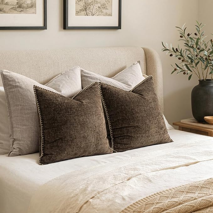 MIULEE Pack of 2 Couch Throw Pillow Covers 18x18 Inch Brown Farmhouse Decorative Pillow Covers with Stitched Edge Soft Chenille Solid Dyed Pillow Covers for Sofa Bed Living Room