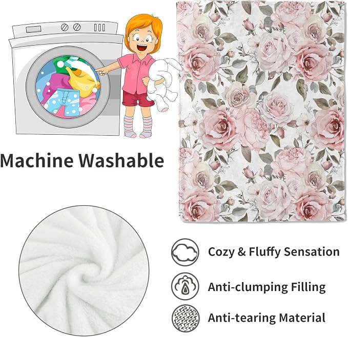 Floral Blanket,Vintage Pink Rose Throw Blankets,Birthday Gifts for Women & Flower Lovers,Lightweight Soft Fleece,for Picnic Sofa Couch Bed Room Travel,Modern Romantic Decor,40x50in