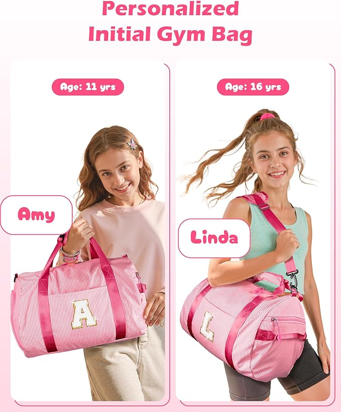 Teen Girls Gifts Trendy Stuff, Girl Gym Bag, Kids Initial Overnight Duffel Bags with Shoe Compartment, Personalized Travel Bag with Makeup Pouch, Pink Gift for Daughter Niece (Letter C)