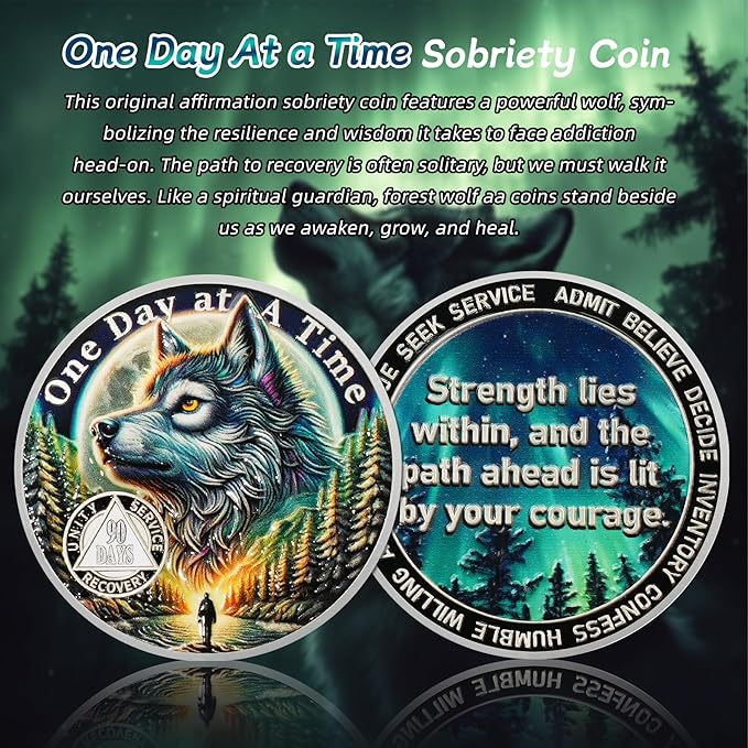 One Day at a Time 90 Day Sobriety Coin - Recovery Aurora Forest Wolf AA Coins - Addiction NA AA Chips and Medallions - Celebrate 1-30 Living Clean Sober Alcoholics Anonymous Gifts for Men Women