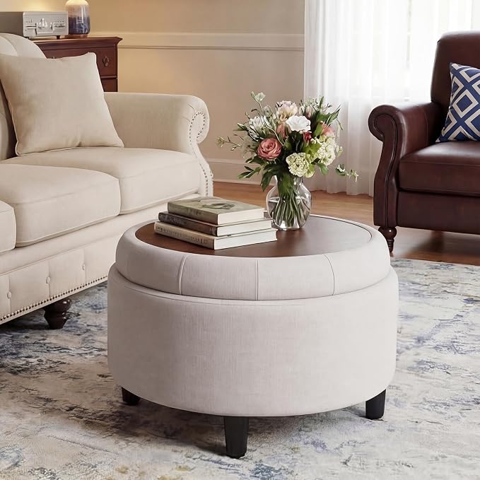 COLAMY Fabric Round Storage Ottoman with Reversible Tray Lid – Multi-Functional Footrest, Hidden Storage, Sturdy & Stylish Small Coffee Table for Living Room, Bedroom, or Entryway(Beige)