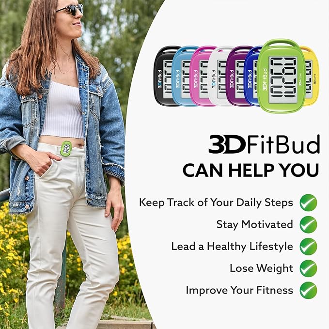 3DFitBud Simple Step Counter Walking 3D Pedometer from 3DActive with Clip & Lanyard - A420S