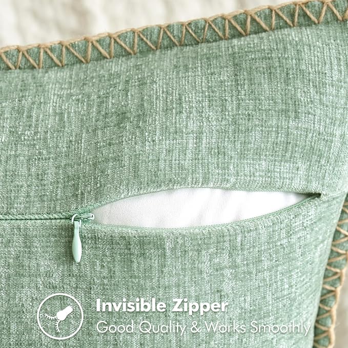 MIULEE Pack of 2 Summer Throw Pillow Covers 20x20 Inch Greyish Green Farmhouse Decorative Pillow Covers with Stitched Edge Soft Chenille Solid Dyed Pillow Covers for Couch Sofa Bed Living Room