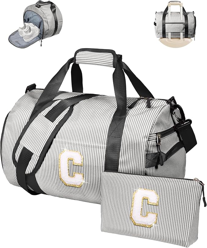 Gift for 6 7 8 9 10 Year Old Girls, Girl Gym Bag, Kids Monogram Overnight Duffel Bags with Shoe Compartment, Personalized Travel Bag with Makeup Pouch, Sweet 16 Gifts for Daughter (Letter C)