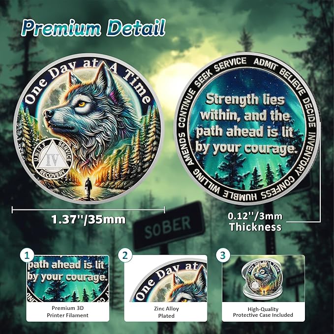 One Day at a Time 4 Year Sobriety Coin - Recovery Aurora Forest Wolf AA Coins - Addiction NA AA Chips and Medallions - Celebrate 1-20 Living Clean Narcotics Alcoholics Anonymous Gifts for Men Women