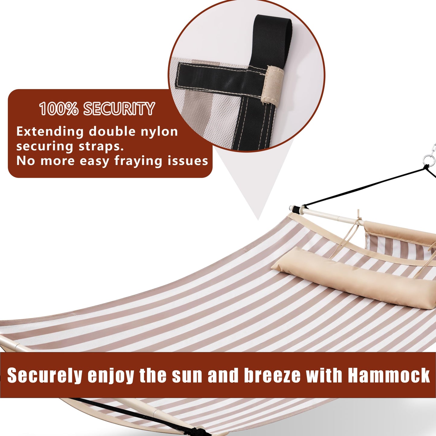 TegerDeger Anti-flip 12FT Hammock Large Hammock 450LB Capacity with Iron Spreader Bar & Nylon Rope for Outside, Patio, Garden, Backyard, Beach - Beige Strips