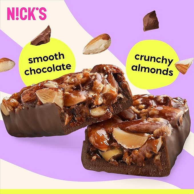 NICK'S Almond Chocolate Snack Bar, Keto Nut Snack for Sports, Hiking, Gaming, Outdoor Activities, 1G sugar, 3G net carbs, healthy snack, (pack of 30)