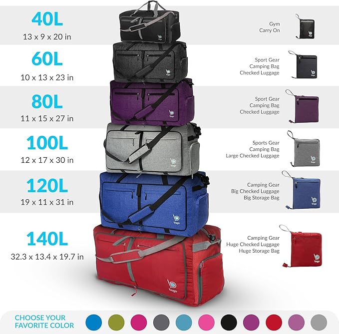 Bago Big XXL Foldable Duffel Bags for Traveling Women & Men - 140L Packable Duffle Bag for Travel with Shoe Compartment - Water Repellant, Heavy Duty, Lightweight Folding & Collapsible (SnowDepPurple)