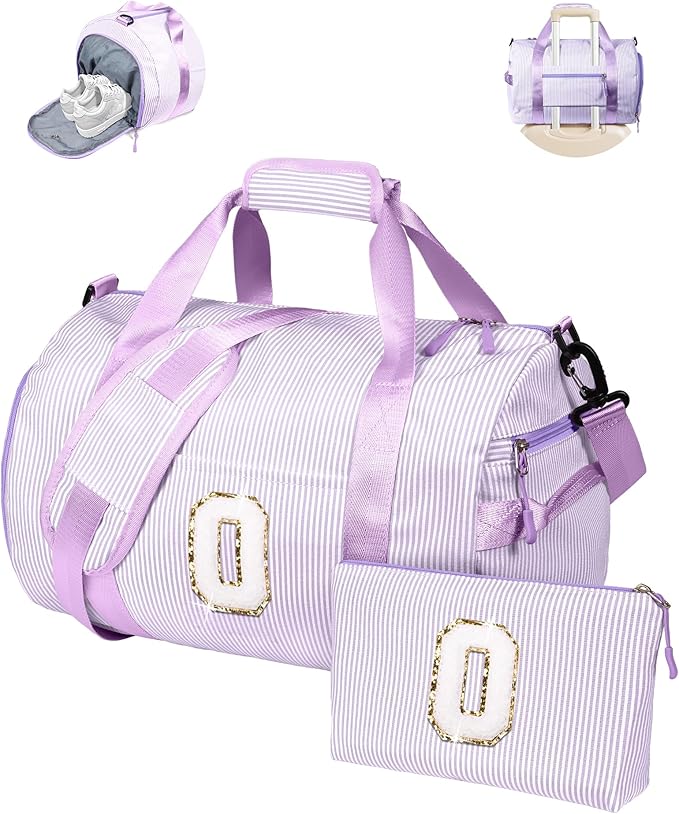 Teen Girl Gifts Trendy Stuff, Girl Gym Bag, Kids Initial Overnight Duffel Bags with Shoe Compartment, Personalized Dance Bag with Makeup Pouch, Easter Basket Essentials (Letter O)