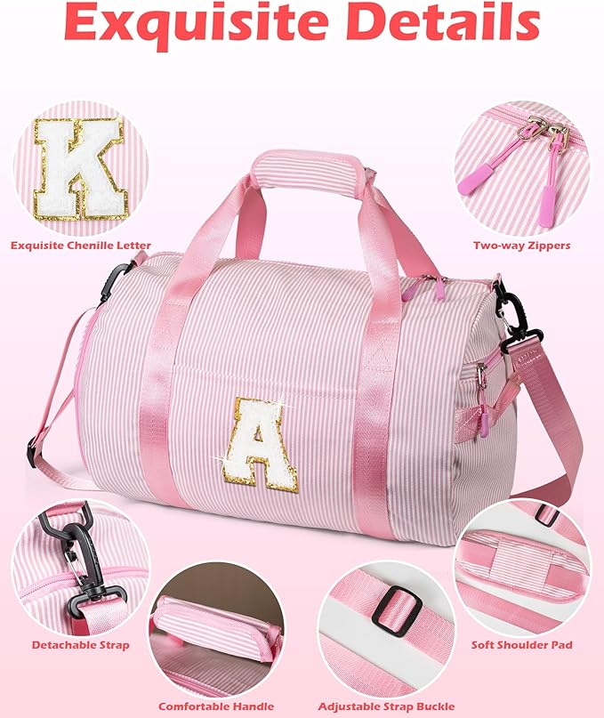 Teen Girl Gifts Trendy Stuff, Girl Gym Bag, Kids Initial Overnight Duffel Bags with Shoe Compartment, Personalized Travel Bag with Makeup Pouch, Gift for 3 4 5 6 7 Year Old Kid (Letter T)