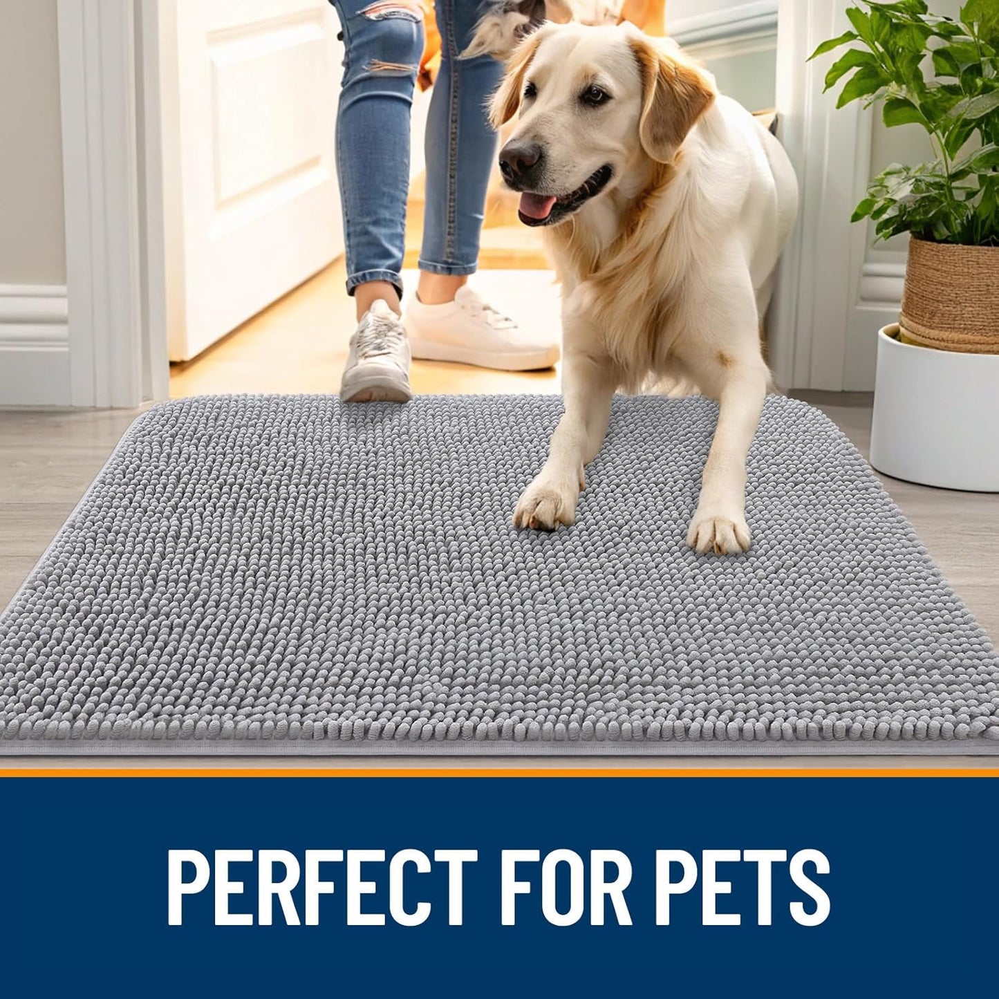 OLANLY Dog Door Mat - Absorbent Non-Slip Mud Mat for Indoor Use | Quick Dry Chenille, 24x16, Light Grey