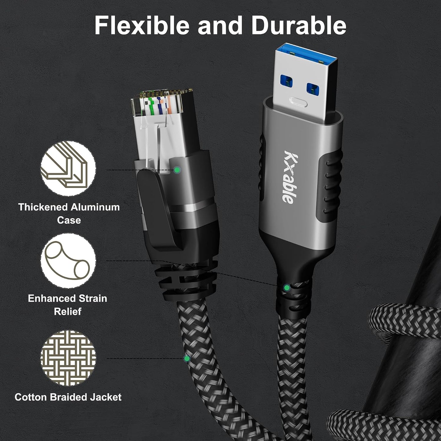 10 3.0 RJ45 5 USB to Ethernet Cable FT, USB A Male to Male Cord, Directly Connected, Aluminum Portable Gigabit LAN