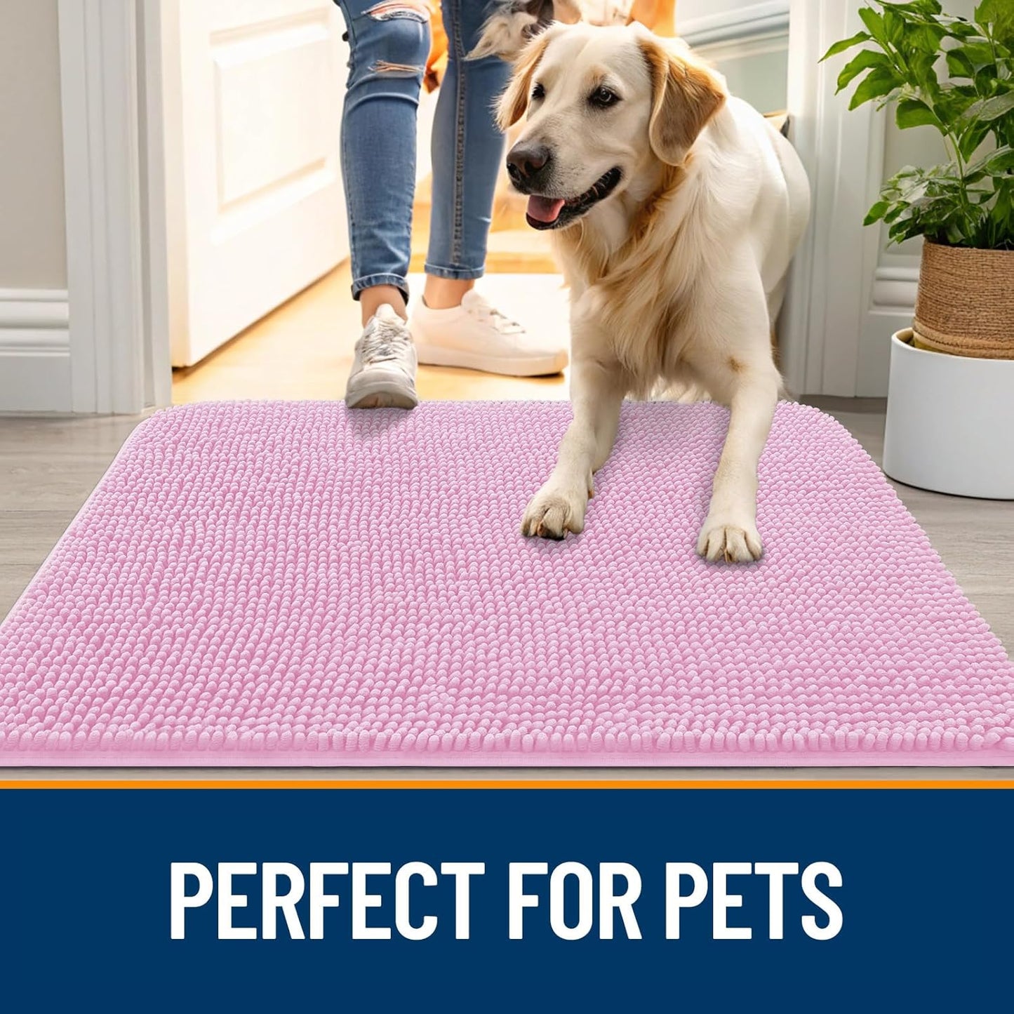 OLANLY Dog Door Mat - Absorbent Non-Slip Chenille Mat for Muddy Paws | 59x32 Inches, Quick Dry, Pink