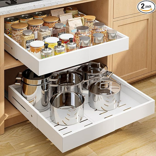Kitsure Pull Out Cabinet Organizer - 2 Pack(12.6"-21" D x 12"-20.4" W) Expandable Sliding Cabinet Shelves, Smooth Glide Drawer Organizer, Kitchen & Pantry Storage, Framed & Frameless Cabinets