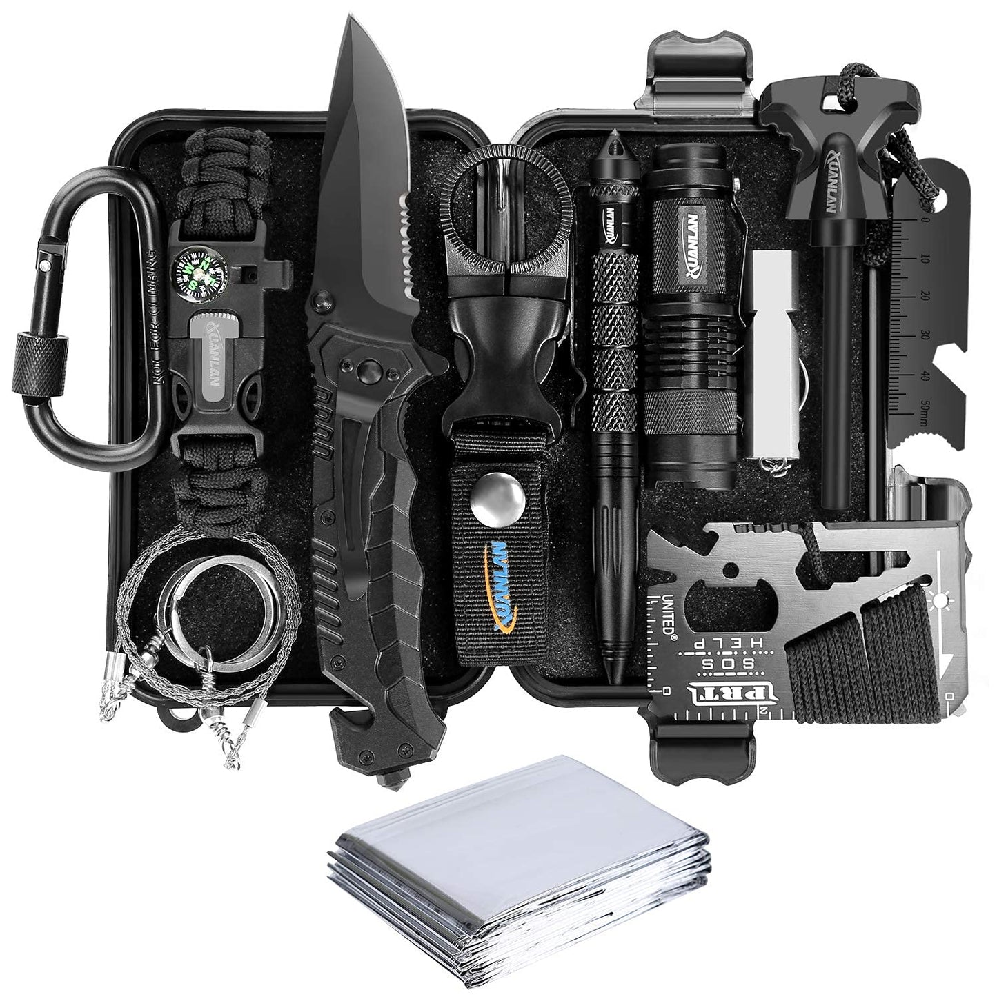 XUANLAN Emergency Survival Kit 13 in 1, Outdoor Survival Gear Tool with Survival Bracelet, Fire Starter, Whistle, Wood Cutter, Water Bottle Clip, Pen (Survival Kit 1)