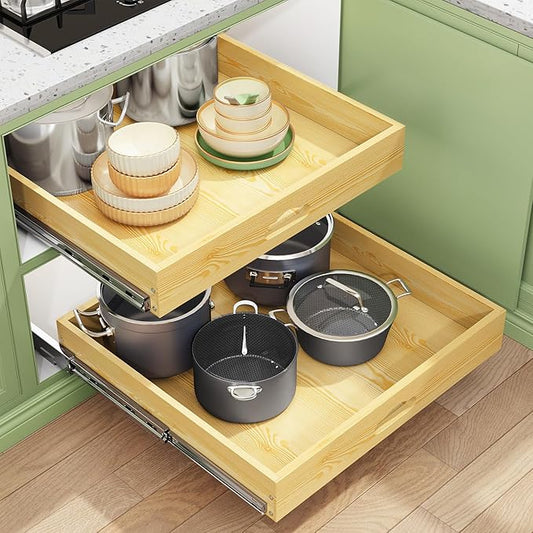 Pull Out Cabinet Organizer, Soft Close Wooden Slide Out Drawers for Pots and Pans, Full-extension Roll Out Shelves for Kitchen Cabinets, Pantry Organization, Bottom & Side Mount(17"W X 21"D x 3.4''H)