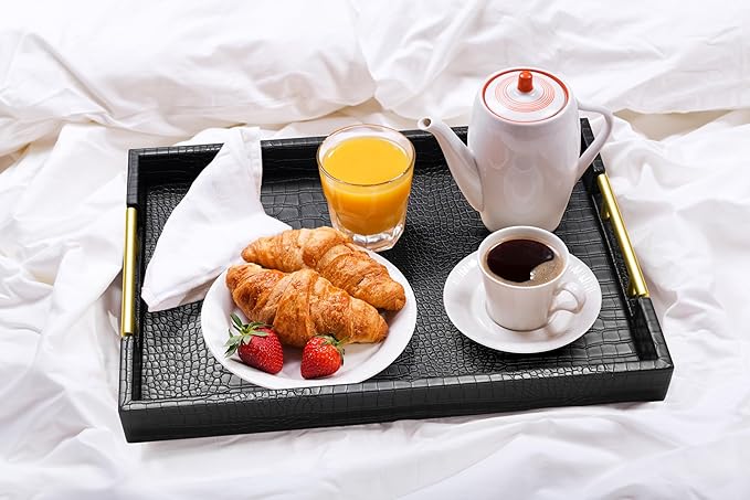 ATZYmolin 17" x 12" Wood Serving Tray with Gold Polished Metal Handles, Home Decorative Wooden Rectangle Ottoman Leather Decor Platter Bathroom Vanity Tray for All Occasions Alligator Black