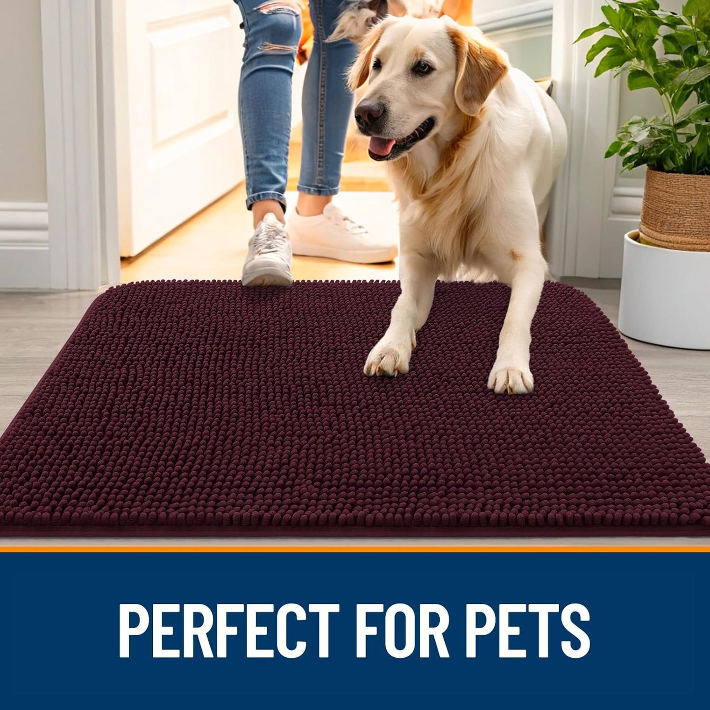 OLANLY Dog Door Mat - Absorbent Non-Slip Chenille Mat for Muddy Paws | 47x17 Inches, Quick Dry, Russet