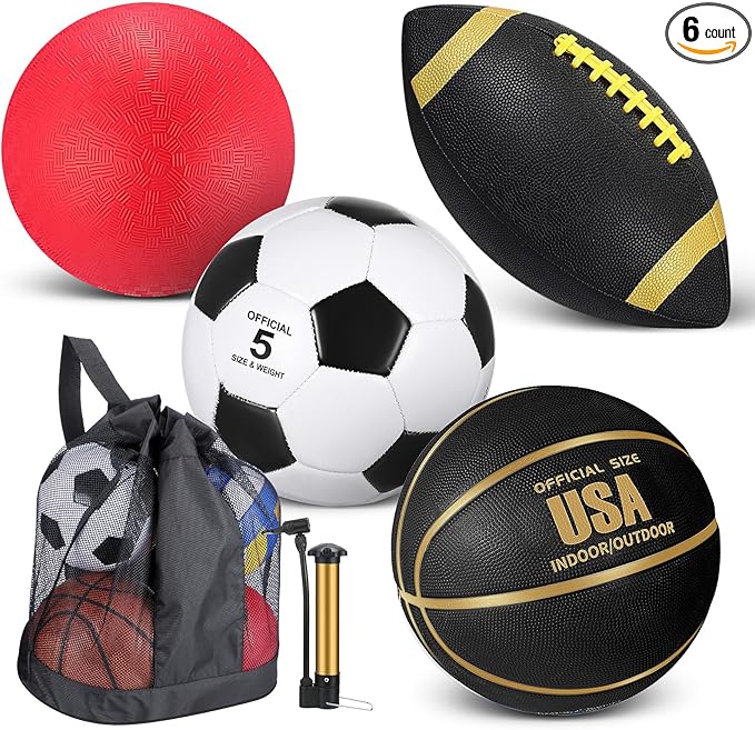 Lenwen 4 Pcs Sports Balls Set, Include Official Size Basketball Soccer Football Playground Ball Pump Equipment Bag for Teen Adult Gift Operation Christmas Ball Gifts