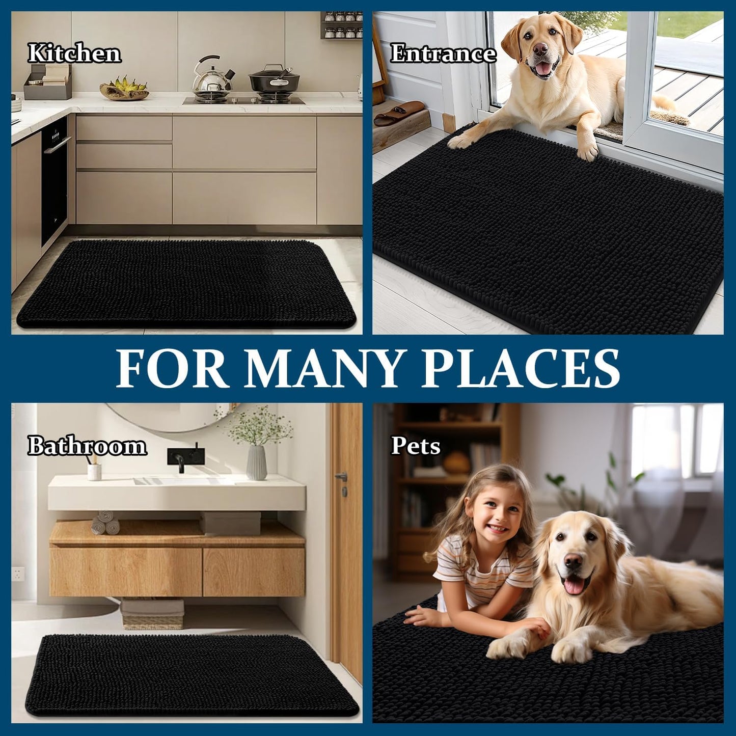 OLANLY Dog Door Mat - Absorbent Non-Slip Washable Doormat for Muddy Paws | 54x32 Black Chenille Carpet