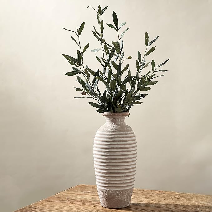 Emotionally Grounded Vase, Vaseking Large Ceramic Rustic Vase, 14.4 inch Minimalist Threaded Decorative Farmhouse Tall Vases for Home Decor, Living Room, Enterway, Table Decoration, Khaki