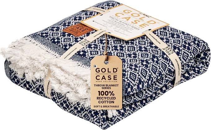Gold Case Throw Blanket for Couch - 100% Recycled Turkish Cotton Blankets & Throws - Retro Soft Throw Blankets for Living Room - Boho Decorative Woven Couch Blanket - 60x80 - Navy Blue