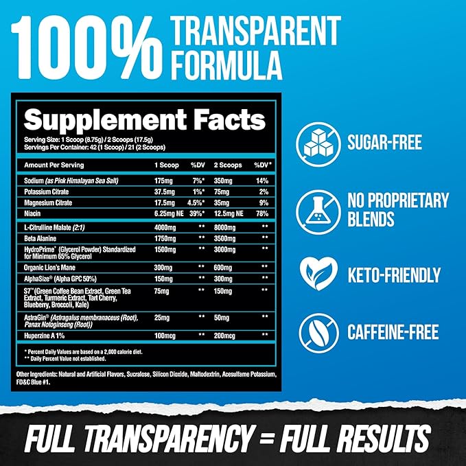 ALPHA LION Superhuman Pump Pre Workout Powder, Nootropic Caffeine & Stim Free Preworkout Supplement, Nitric Oxide Booster, Muscle Gainer, Energy & Focus (42 Servings, Blueberry Steel Flavor)