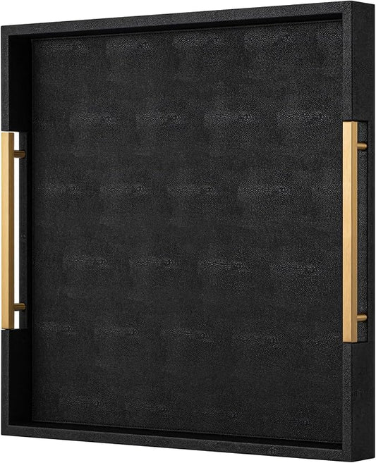 Black Faux Leather Decorative Serving Tray with Handles – Large Square for Coffee Table, Ottoman, Living Room & Bathroom Home Decor