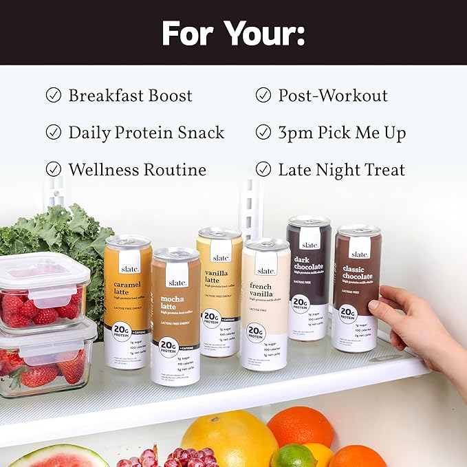 Slate Milk - High Protein Milk Shake - Classic Chocolate - Lactose Free, 20g Protein, 1g Sugar, 100 Calories, 2g Net Carbs, No Added Sugar - Natural, Breakfast Boost, Post Workout - 11 fl oz, 12 Cans