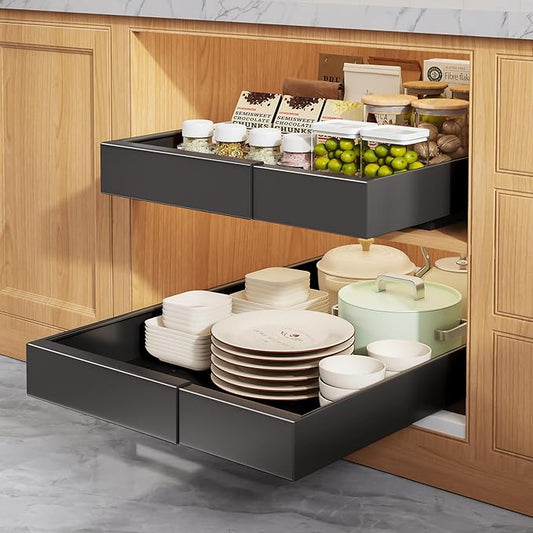 Seinloes 2 Pack Pull Out Cabinet Organizers 21" Deep With Raising Pad for Framed Cabinets, Expandable Width (9"-14") Slide Out Drawers Upgrade 3 Slide Rails, Roll Out Shelves Adhesive, Black