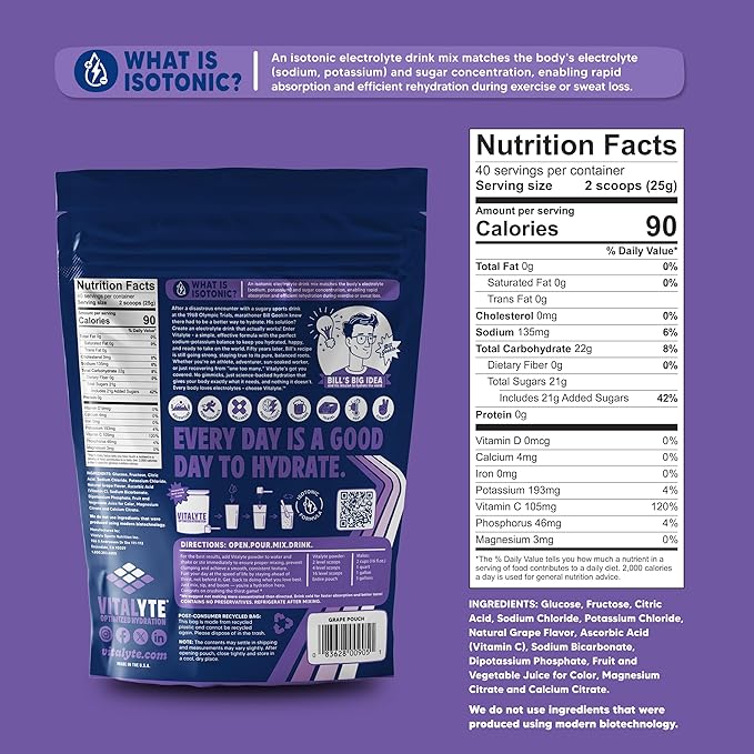 Vitalyte Electrolyte Powder Drink Mix, Isotonic Electrolyte Hydration Mix, Bulk Case Pack (12 Pack, Grape)