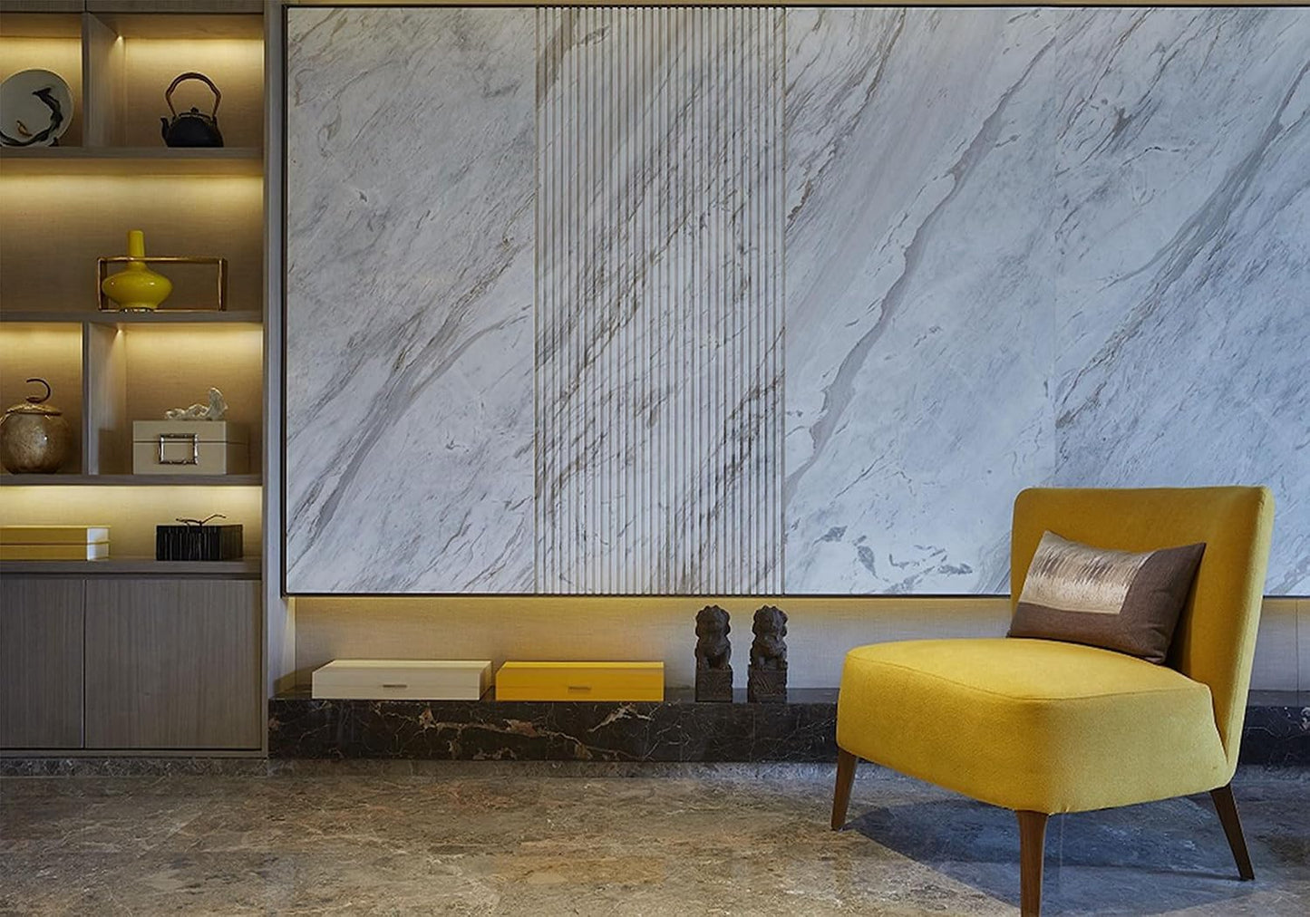 SHDASMIL 6X4ft Luxury Marble Wall Interior Backdrop Yellow Accent Chair Elegant Shelf Background Modern Asian Style