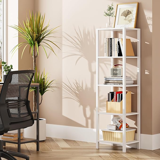TUTOTAK Bookshelf, 5-Tier Tall Book Shelf, Narrow Bookcase for Small Space, DIY Stackable Bookshelf, for Living Room, Office, Study, Entryway, Industrial, White BS01BW005