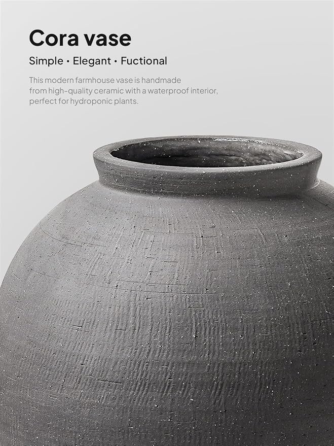 Black Ceramic Vase - Large 12.5 Inch Round Floor Vase for Centerpieces, Farmhouse Flower Vases, Rustic Minimalist Home Decor,Sandstone Dark Grey