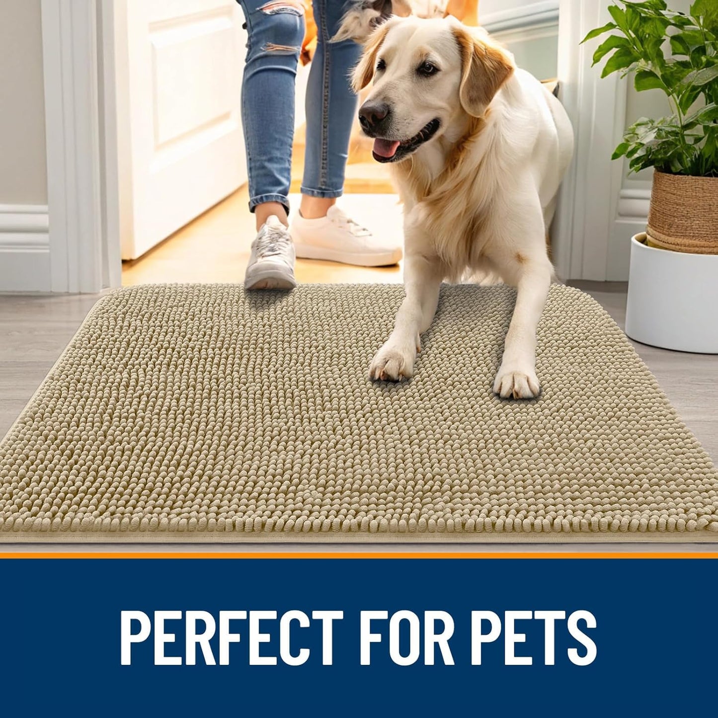 OLANLY Dog Door Mat - Absorbent Non-Slip Chenille for Muddy Paws | 24x16 Beige Indoor Entryway Carpet