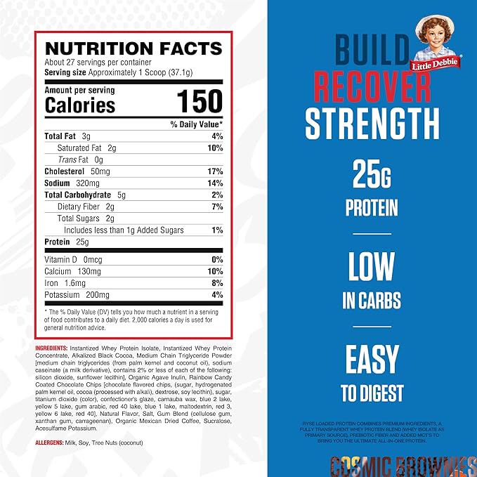 RYSE Loaded Protein Powder - Little Debbie Cosmic Brownie - 25g Whey Protein Isolate & Concentrate with Prebiotic Fiber & MCTs - Low Carb, Low Sugar, Digestive-Friendly - 27 Servings / 2 lb Tub
