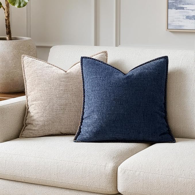 MIULEE Pack of 2 Couch Throw Pillow Covers 18x18 Inch Navy Farmhouse Decorative Pillow Covers with Stitched Edge Soft Chenille Solid Dyed Pillow Covers for Sofa Bed Living Room