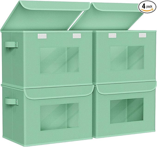 Univivi Collapsible Stackable Storage Bins with Lids [4-Pack] Foldable Fabric Closet Organizer Basket, Closet Organizers and Storage Cube Storage Bin for Home, Office, Bedroom (Green)