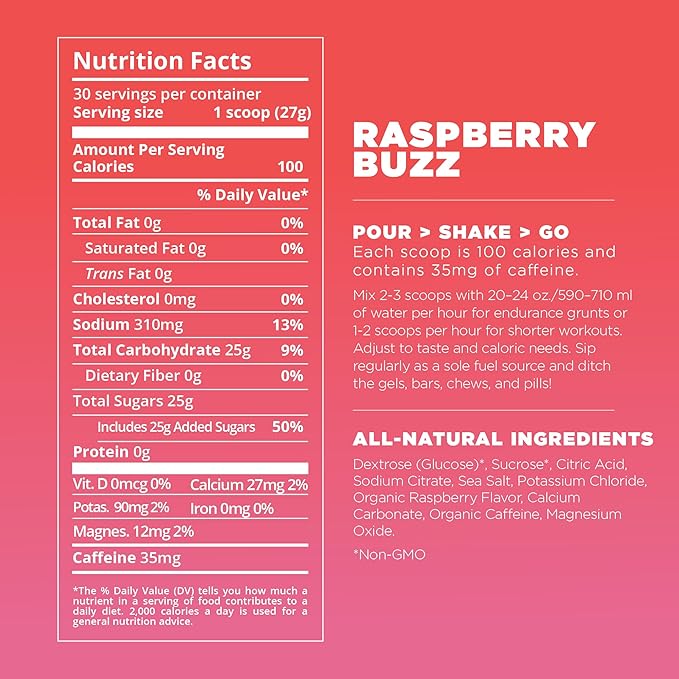 Tailwind Nutrition Endurance Fuel, Carbohydrate & Electrolyte Sports Drink Mix Powder, Gluten-Free, Vegan, Raspberry Buzz, 30 Servings (Caffeinated)