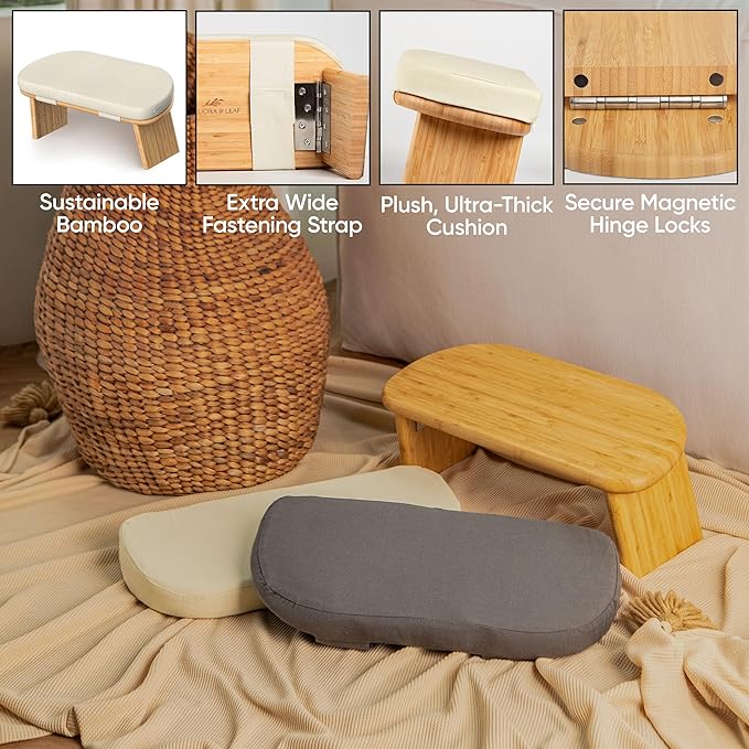 Meditation Chair w/ Extra Thick Cushion - Portable Bamboo Meditation Bench w/ Magnetic Locking Hinge - Anterior Tilt Seiza Bench Ideal for Comfortable & Stable Meditation - Sleek Canvas Kneeling Chair