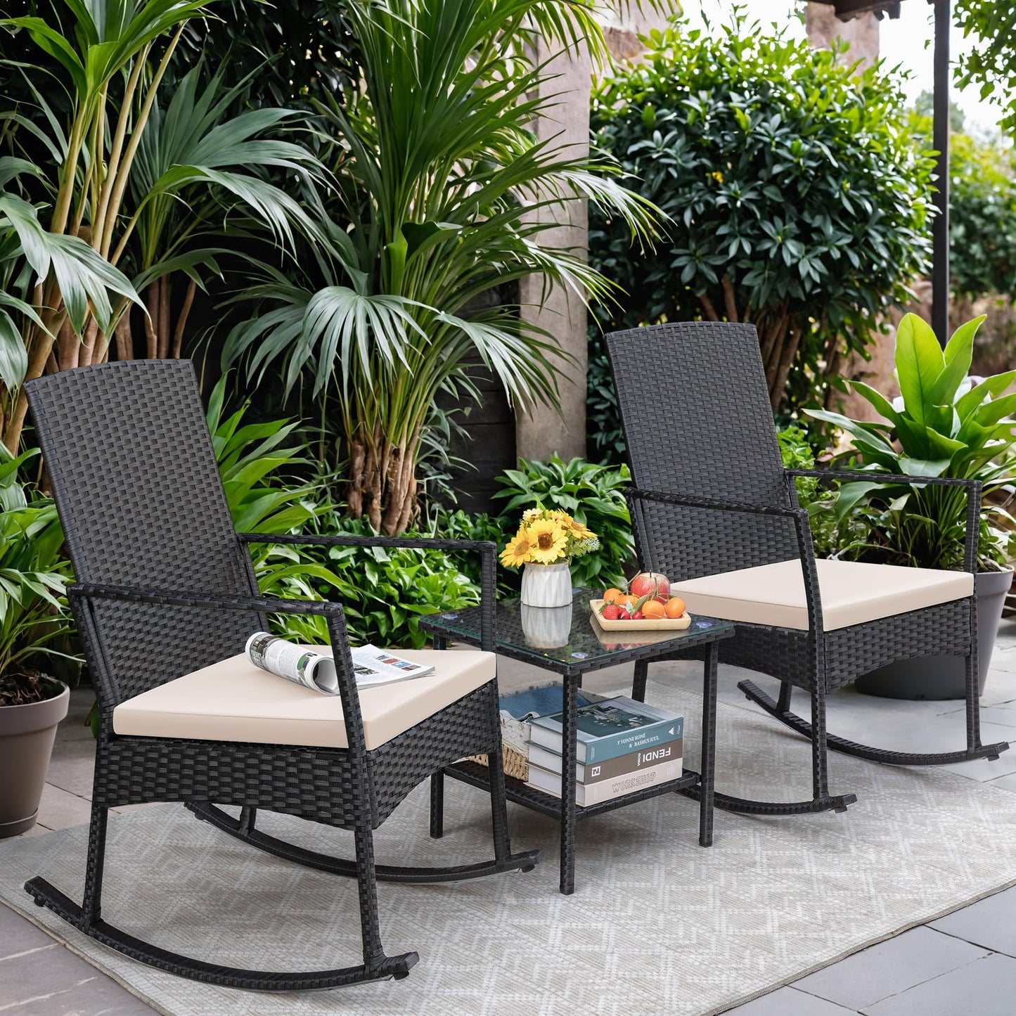 Greesum 3 Pieces Patio Furniture Set Outdoor Wicker Rocking Chairs with Glass Coffee Table for Garden Backyard Porch Poolside, Beige