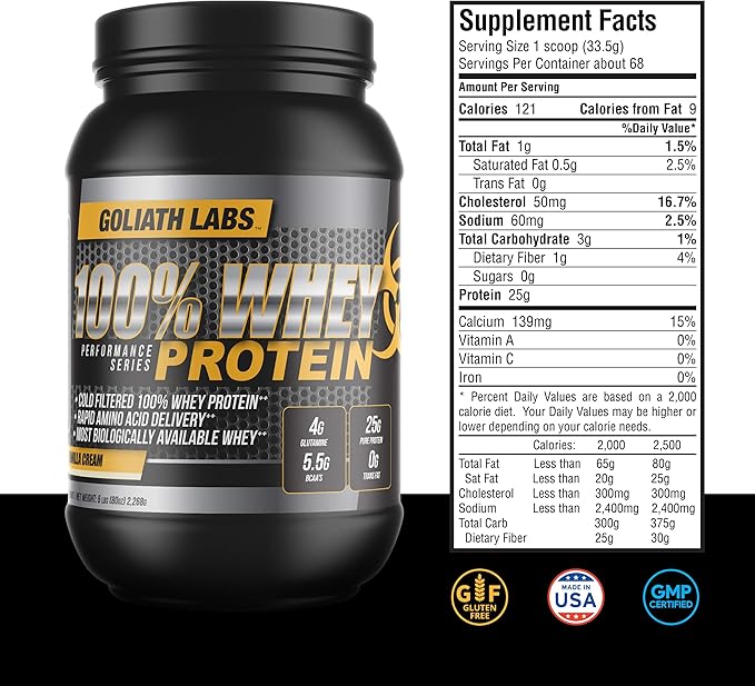 Goliath Labs 100% Whey Protein Powder Isolate/Blend | Fast-Absorbing Workout Supplements for Men and Women | 25g of Pure Protein and 5.5g of BCAAs in Each Serv | Strawberry, 5 lbs, 68 Servings